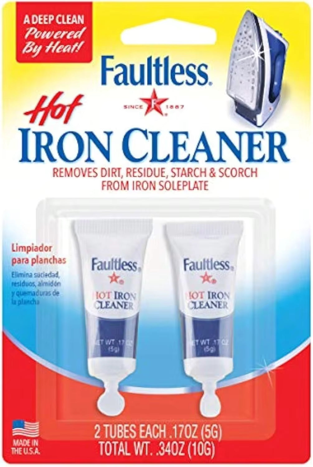 FAULTLESS Hot Iron Cleaner,  Steam Iron Cleaner, Removes Melted Fabrics, Glue, Hard Water, Lime Deposits &Amp; Starch - 2 X 017 Oz Tubes Blister Packs